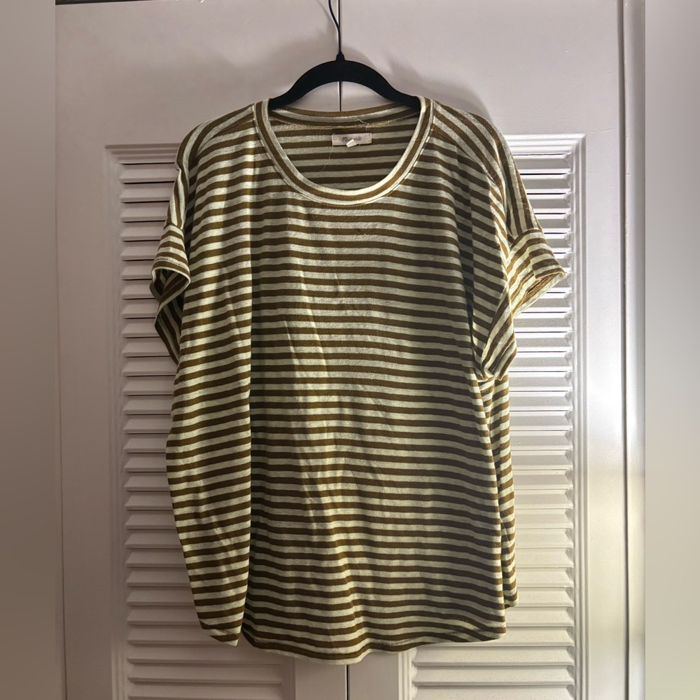 Madewell Linen Mint & Olive Green Striped Tee